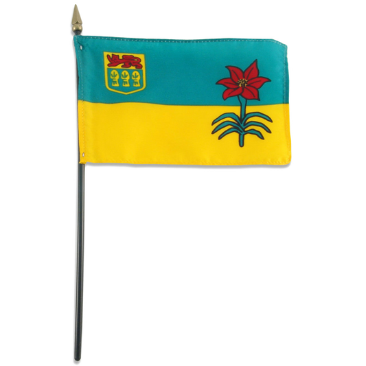 Saskatchewan flag with a blue and yellow design featuring a flower and emblem on a white background