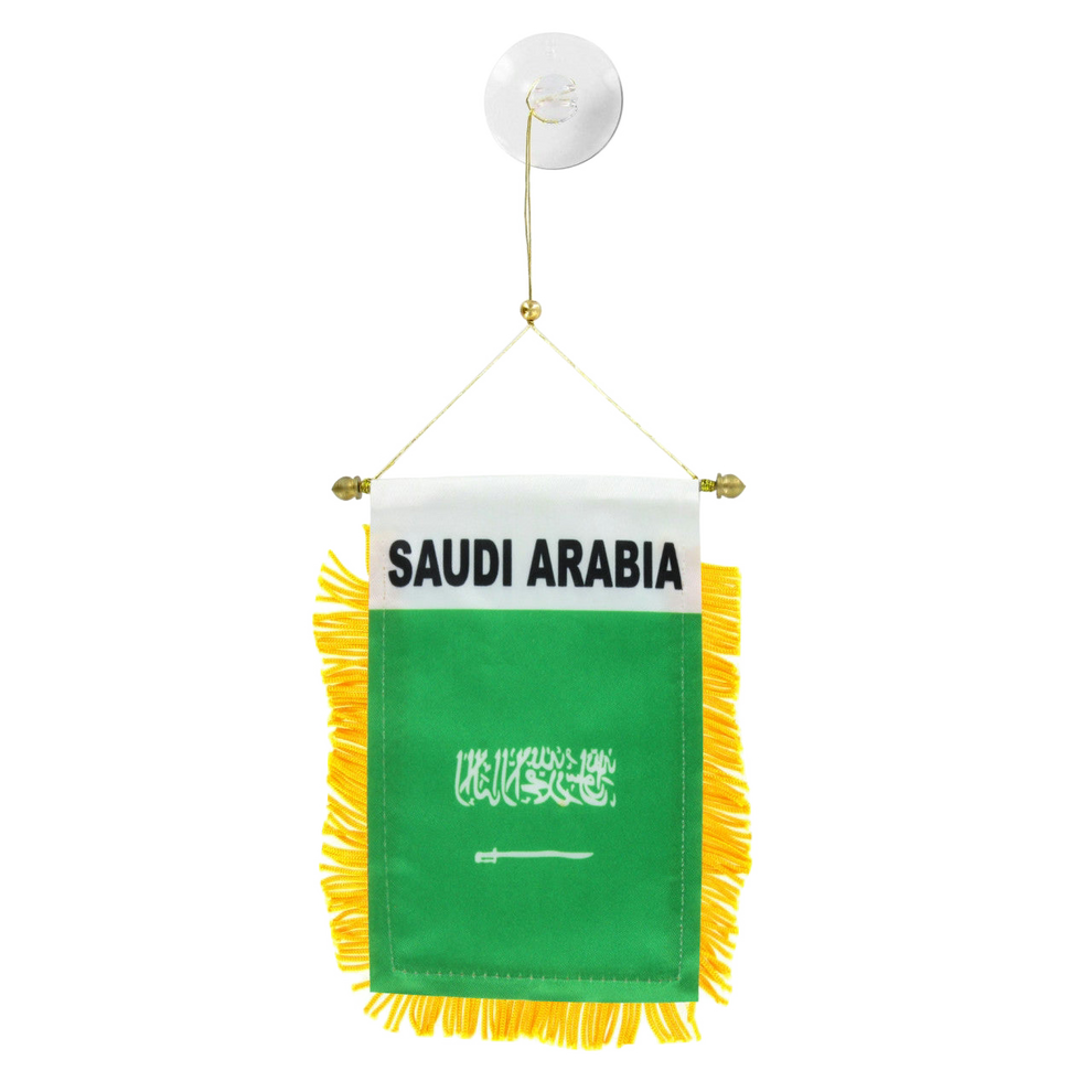 Small flag of Saudi Arabia with yellow fringe on a white background