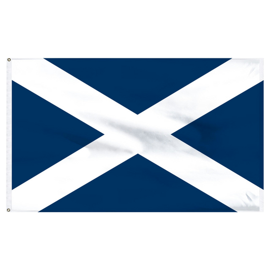 Flag of Scotland with two horizontal diagonal lines forming white cross known as St. Andrew's cross on a blue background