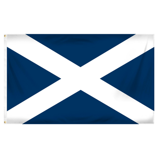 Flag of Scotland with two horizontal diagonal lines forming white cross known as St. Andrew's cross on a blue background