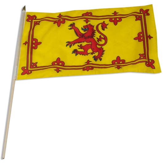 Scottish yellow flag with red lion emblem on a white background