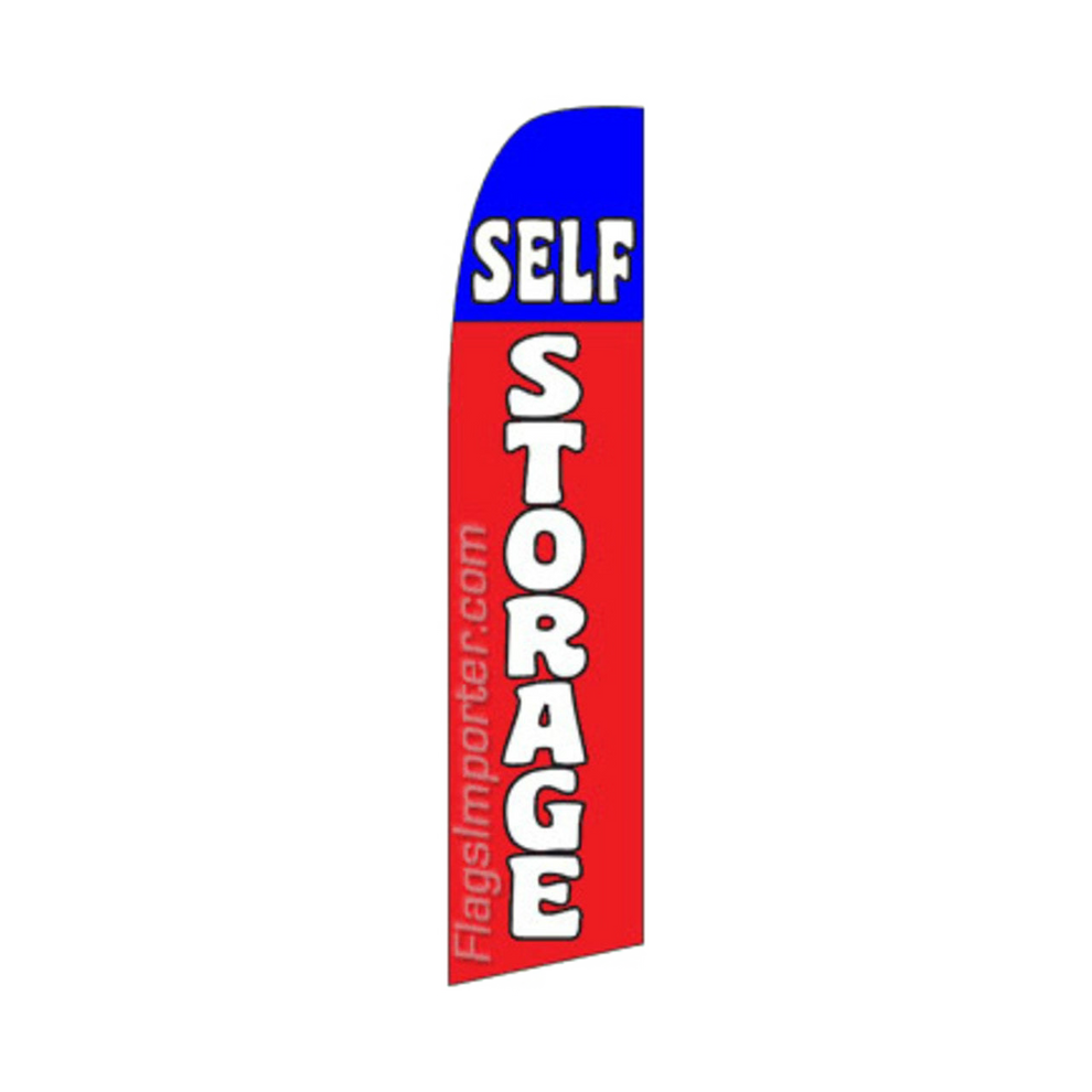 Red and blue feather flag with 'SELF STORAGE' text on a white background