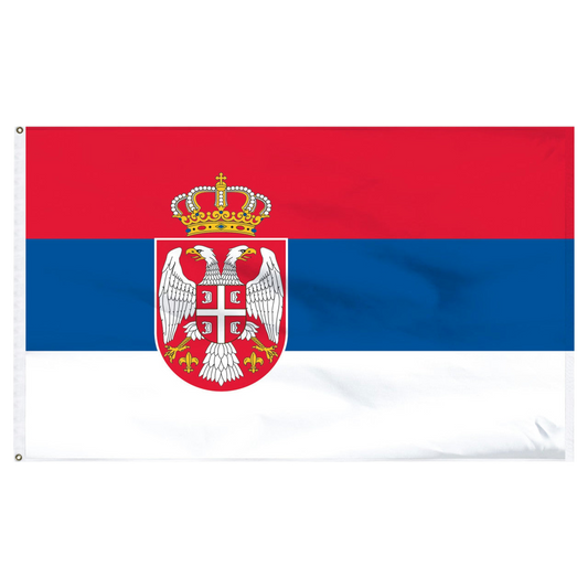 Flag of Serbia with red, blue, and white horizontal stripes and a coat of arms.