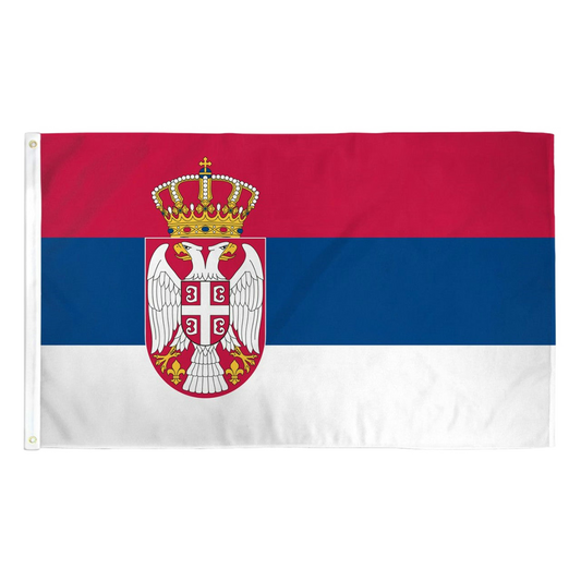 Flag of Serbia with red, blue, and white horizontal stripes and a coat of arms.