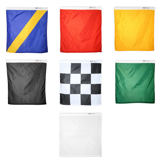 Set of six colorful racing flags on a white background