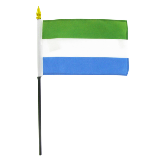 Small flag of Sierra Leone with green, white, and blue stripes on a white background