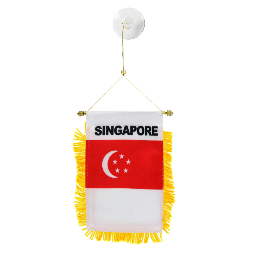 Small flag of Singapore with yellow fringe on a white background