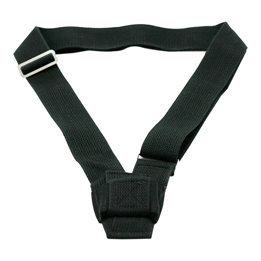 Black strap with a metal buckle on a white background