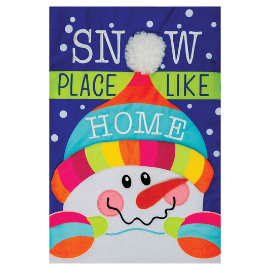 Colorful snowman-themed decorative flag with text on a blue background