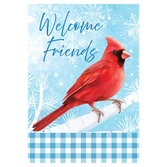 Decorative flag with a red cardinal bird on a branch with 'Welcome Friends' text against a snowy background