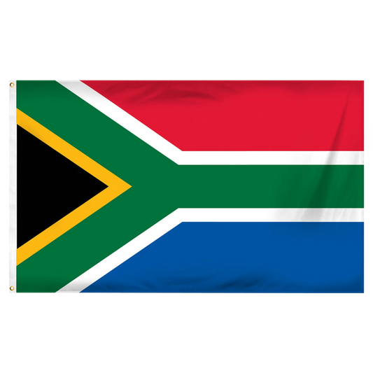 Flag of South Africa with green, yellow, black, red, and blue colors on a white background
