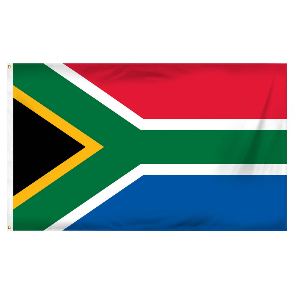 Flag of South Africa with green, yellow, black, red, and blue colors on a white background