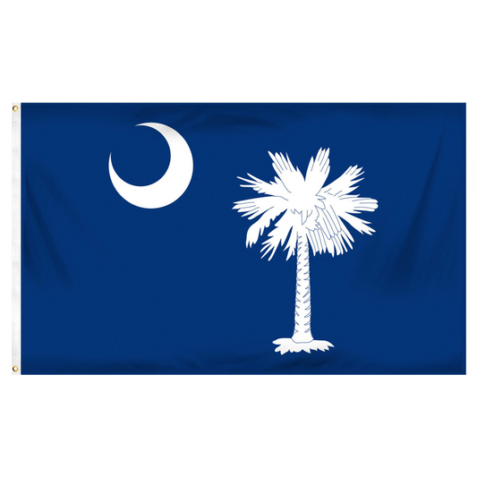 South Carolina state flag: a white crescent and palmetto tree on a blue field.