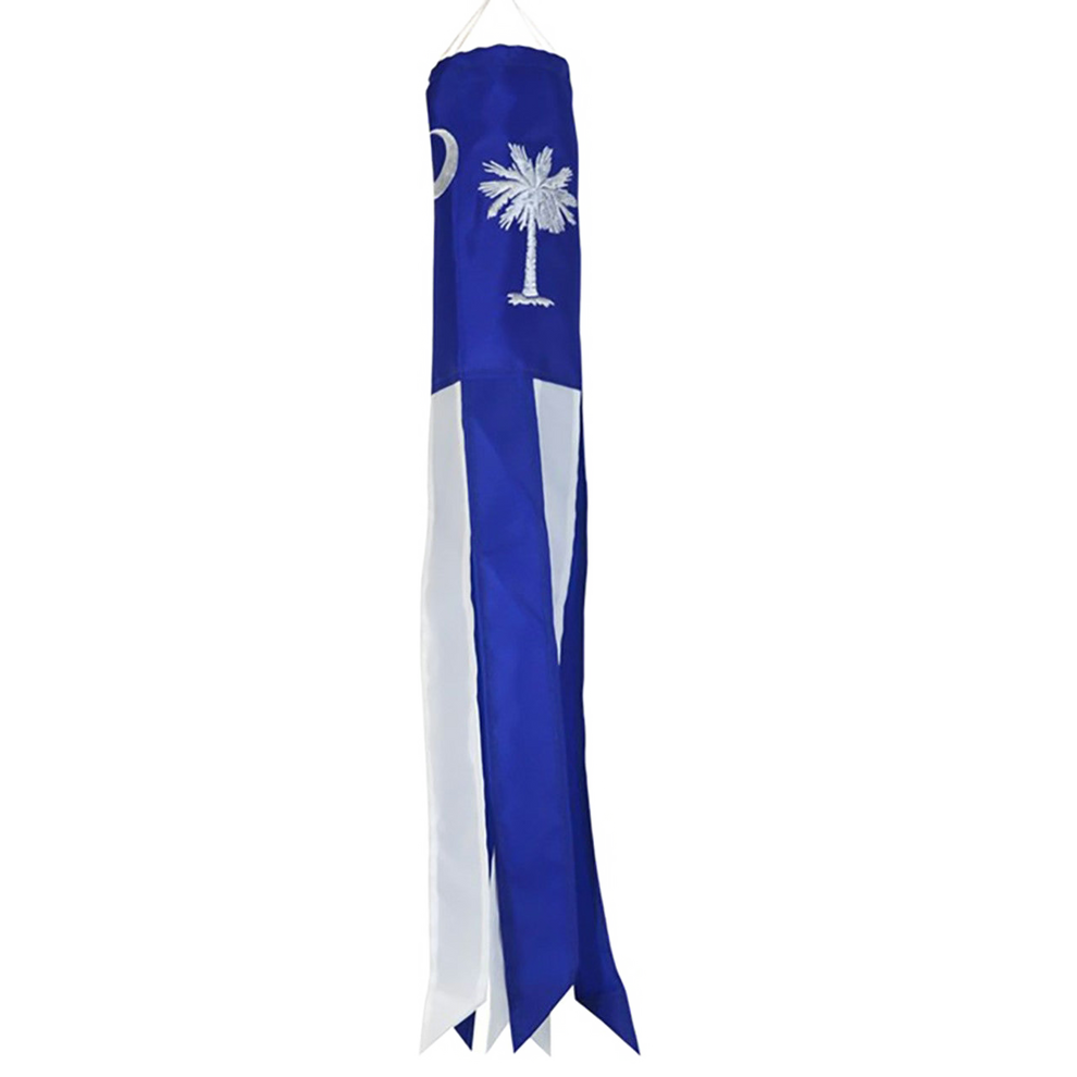 Blue and white windsock with a palm tree design on a white background