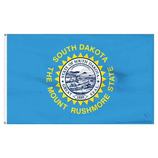 State of South Dakota state flag featuring the full-color state seal, gold sunburst, and 'South Dakota, The Mount Rushmore State' text on a solid sky-blue field