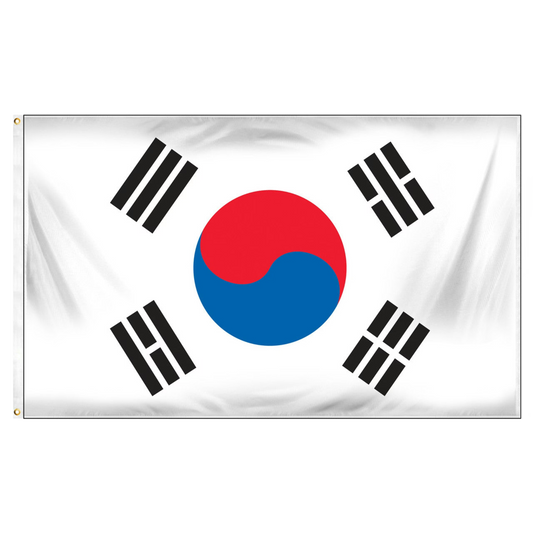 Flag of South Korea with a red and blue circle and black symbols on a white background