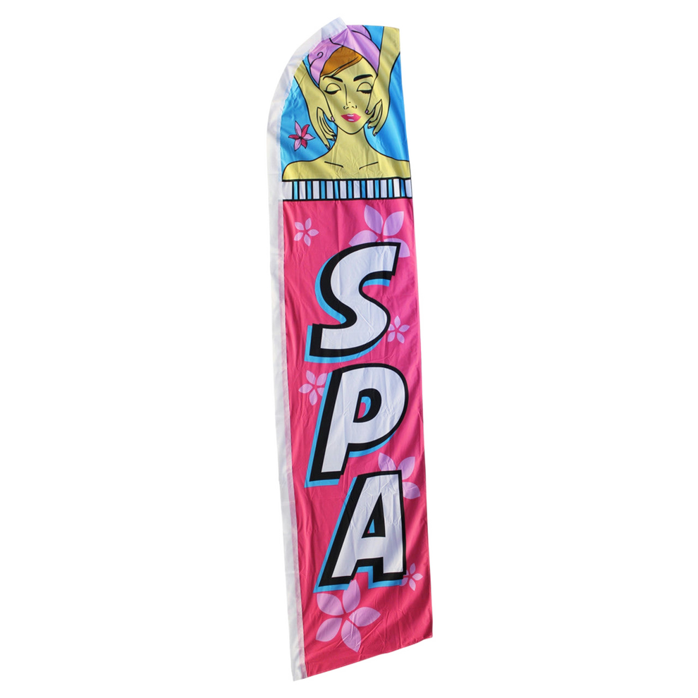 Decorative banner with a cartoon character and 'SPA' text on a pink background