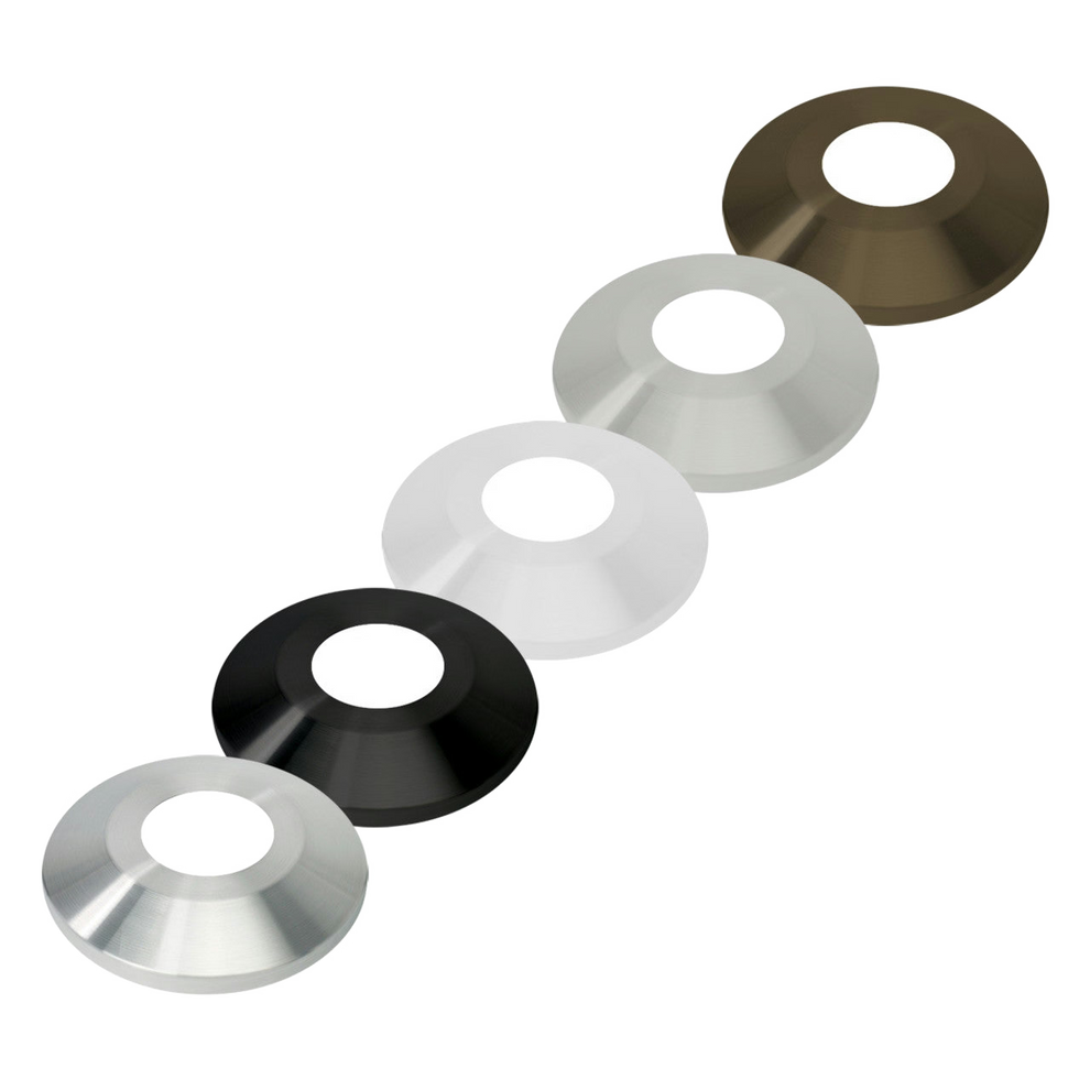 Five metal circular flash collars for a flagpole of various finishes on a white background.