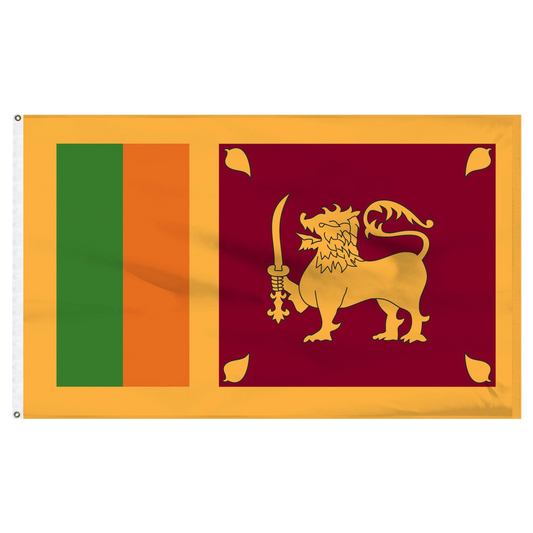 Sri Lankan flag with green, orange, and red sections featuring a lion emblem on a white background