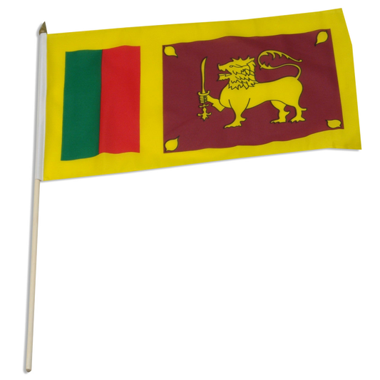 Flag of Sri Lanka with a lion emblem on a yellow background