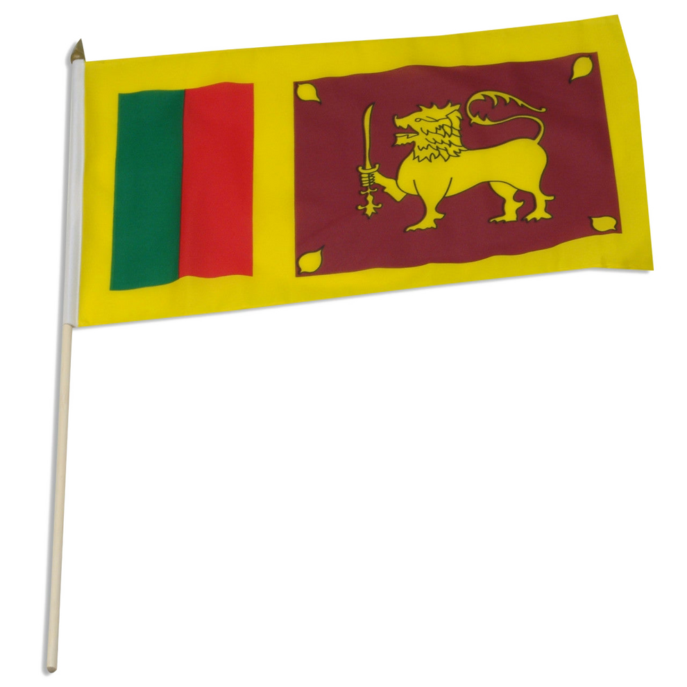 Flag of Sri Lanka with a lion emblem on a yellow background