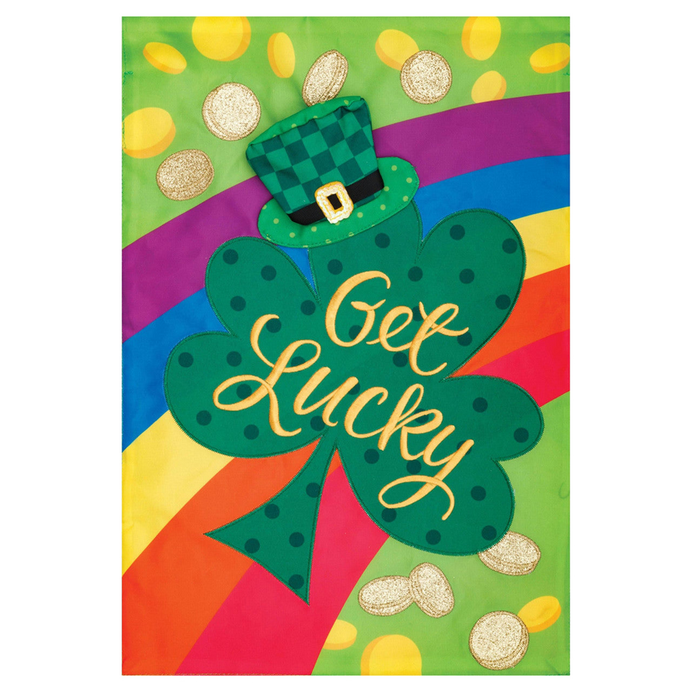 Colorful St. Patrick's Day-themed decorative flag with a shamrock and 'Get Lucky' text on a rainbow background.