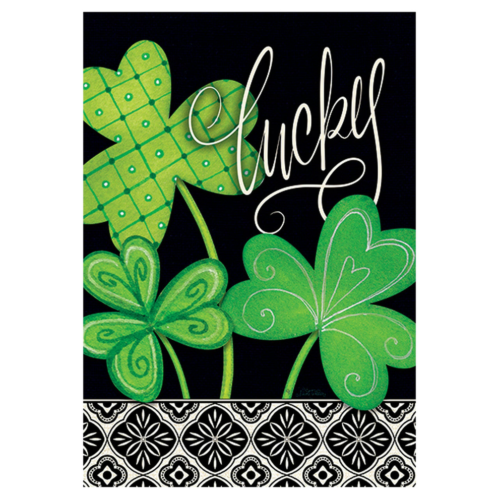 Four-leaf clover design with the word 'lucky' on a black garden banner flag
