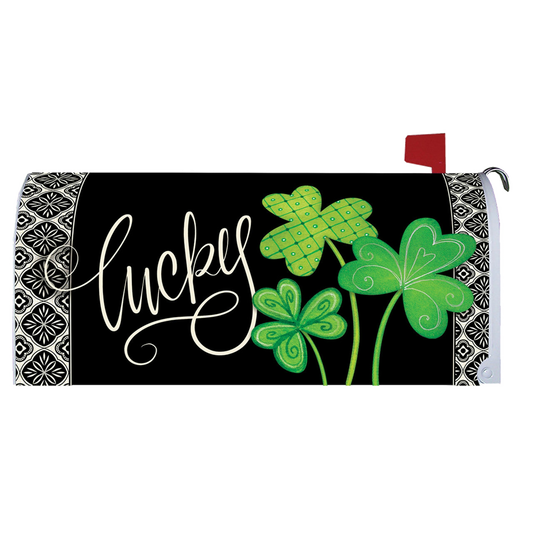 Mailbox cover with green shamrocks and the word 'lucky' on a black background