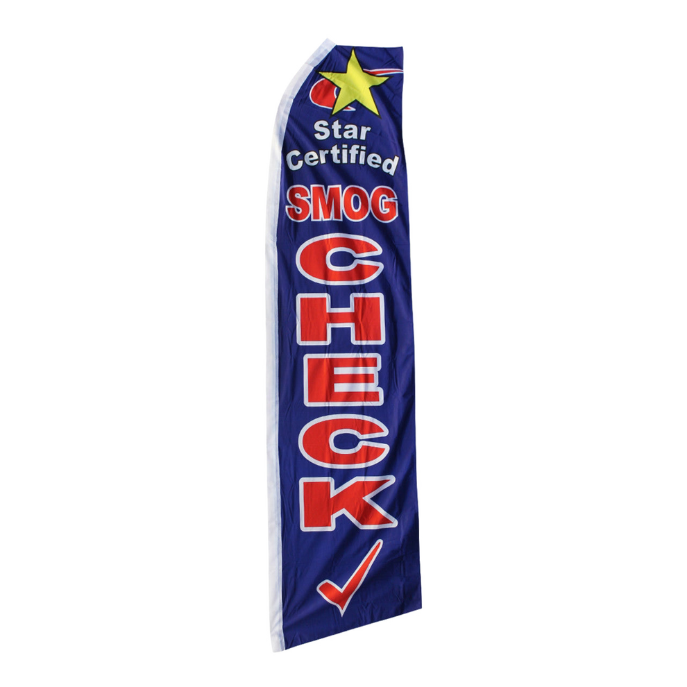 Swooper flag with 'Star Certified Smog Check' text on a white background