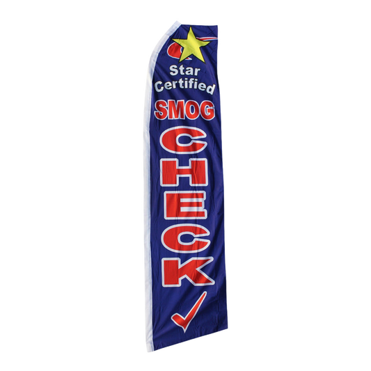 Swooper flag with 'Star Certified Smog Check' text on a white background