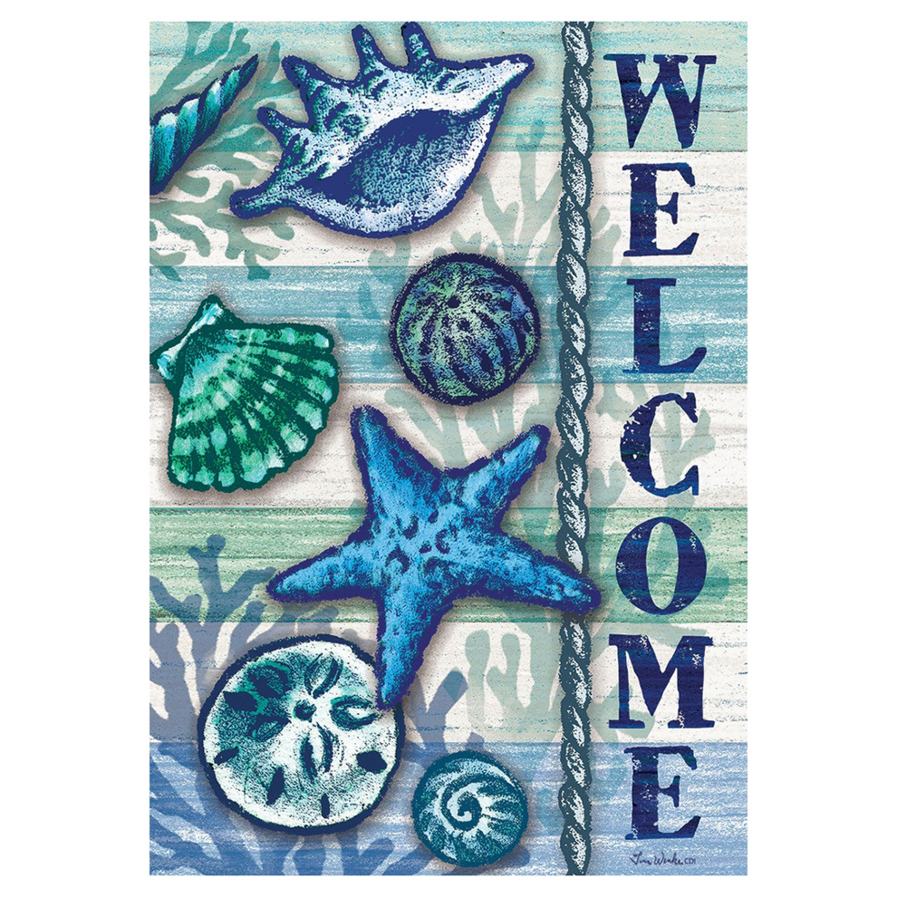 Decorative banner with sea-themed elements and 'WELCOME' text on a striped background