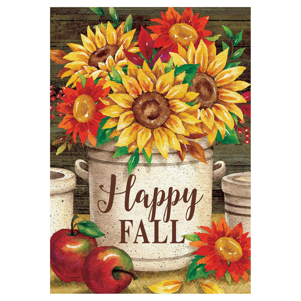 Decorative fall-themed flag with sunflowers, apples, and 'Happy Fall' text on a wooden background.