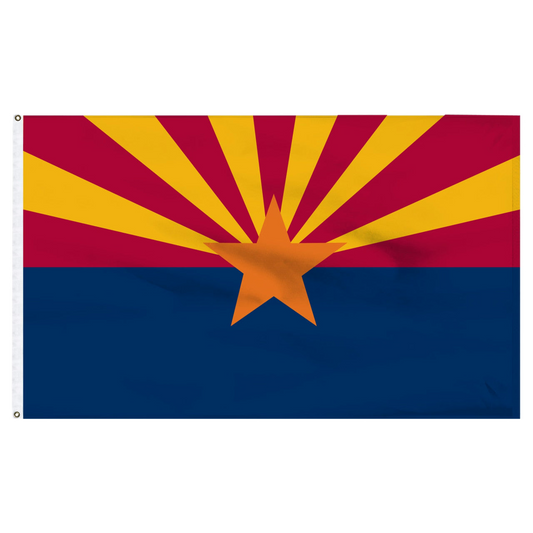 State of Arizona flag with a blue bottom half and red top flag with an orange star in the middle and 6 yellow stripes emanating from the star on the red top half.