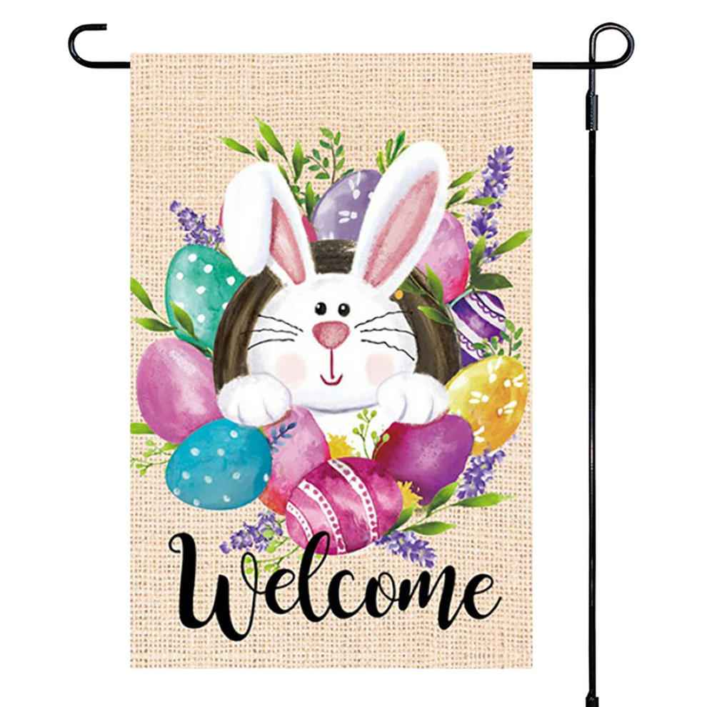Easter-themed garden flag with a bunny, eggs, and 'Welcome' text on a burlap background.
