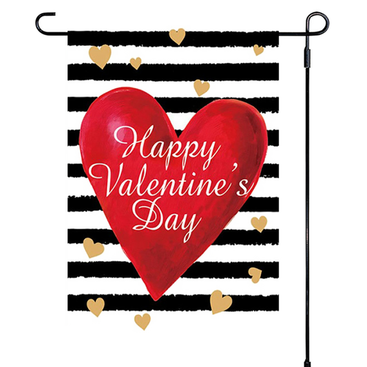 Valentine's Day-themed garden flag with red heart, 'Happy Valentine's Day' text, black and white stripes, and gold hearts on a white background.