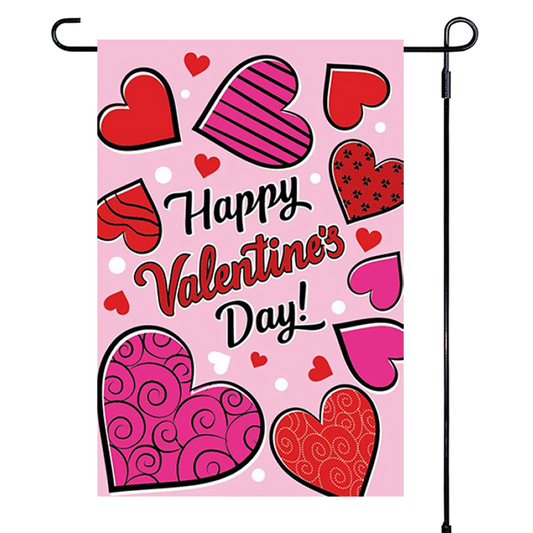 Valentine's Day garden flag with hearts and 'Happy Valentine's Day!' text on a pink background.