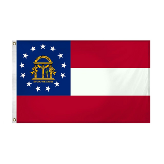 Georgia state flag with blue, red, and white sections featuring a central emblem and stars.