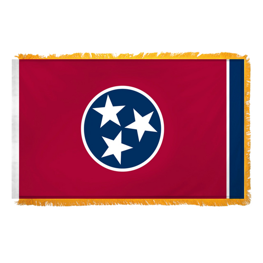 Tennessee state flag with a blue circle featuring three white stars on a red background