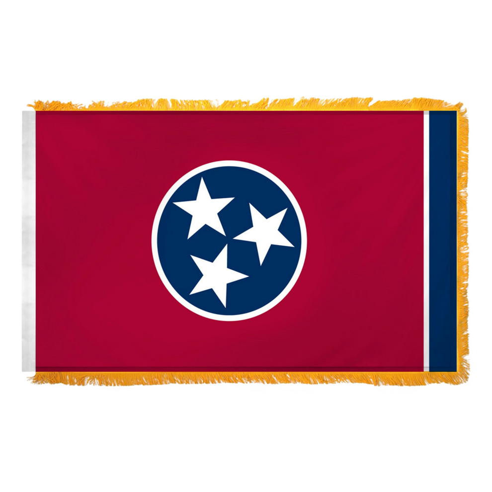 Tennessee state flag with a blue circle featuring three white stars on a red background