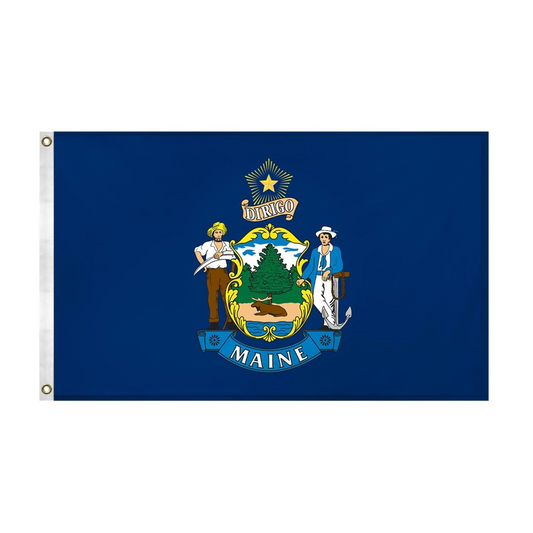 State of Maine blue flag featuring the full-color state seal with a moose, pine tree, farmer, and sailor on a blue field with text 'DIRIGO' and a yellow star.