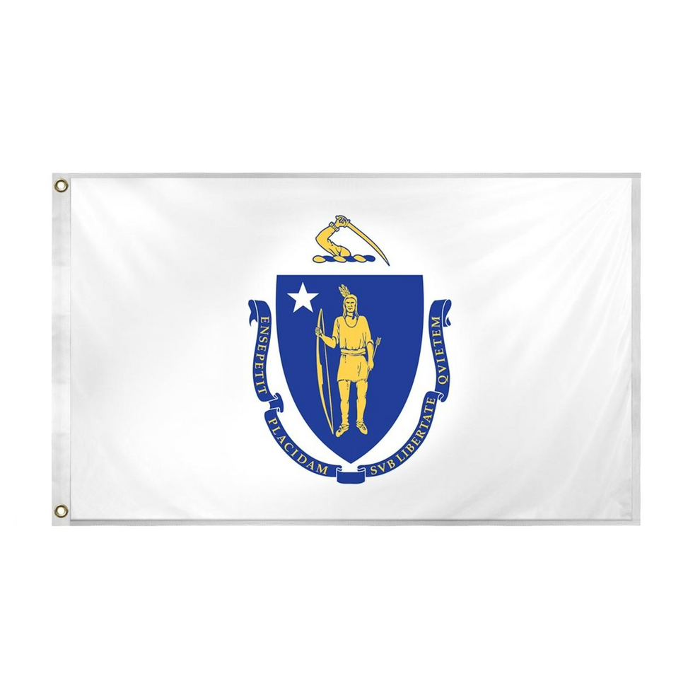 Massachusetts flag with a blue coat of arms featuring a gold figure and white text on a white background