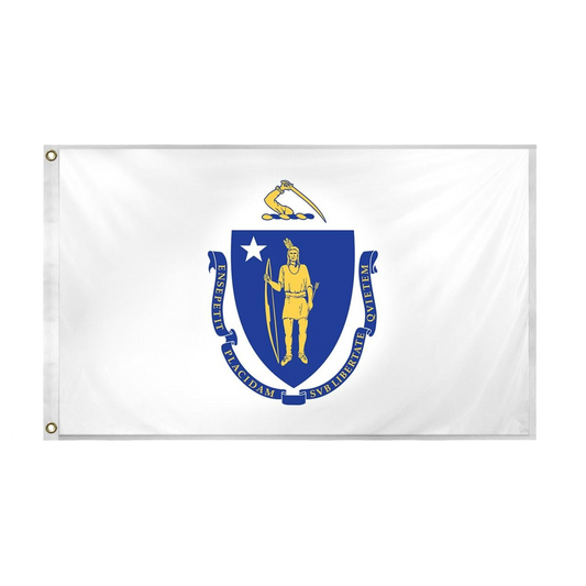 Massachusetts flag with a blue coat of arms featuring a gold figure and white text on a white background
