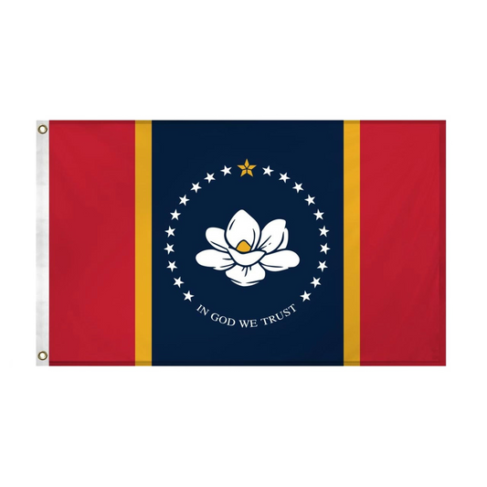 Mississippi flag with a white flower design and 'In God We Trust' text on a blue background with red and yellow stripes.