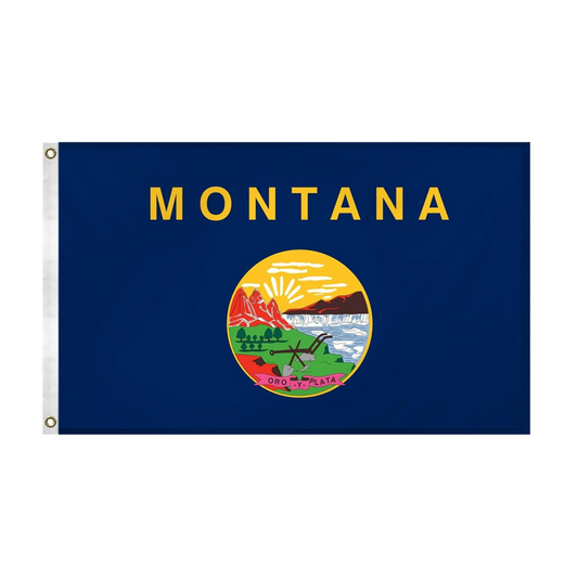 State of Montana flag with 'MONTANA' printed in large, gold all-caps letters across the top. Centered below the text is the full-color state seal, depicting a landscape with the Rocky Mountains, the Great Falls of the Missouri River, a plow, a shovel, and a pick. A ribbon at the bottom of the seal reads the Spanish motto 'ORO Y PLATA'