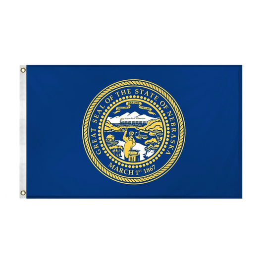 State of Nebraska state flag featuring the gold and silver state seal with the motto 'Equality Before the Law' on a solid dark blue field. Seal includes a steamboat on a river, a train moving across mountains, a blacksmith at work, and a settler's cabin.