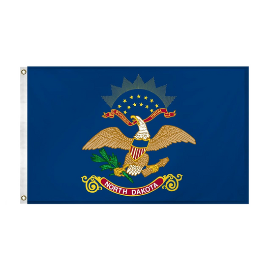State of North Dakota flag featuring the full-color bald eagle emblem, the 'E Pluribus Unum' motto, and a red 'North Dakota' banner on a dark blue background.