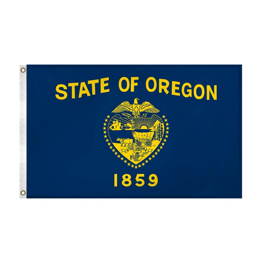 Flag of the State of Oregon with yellow text and emblem on a blue background