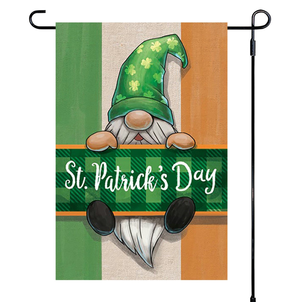 St. Patrick's Day garden flag with a gnome design on a striped background