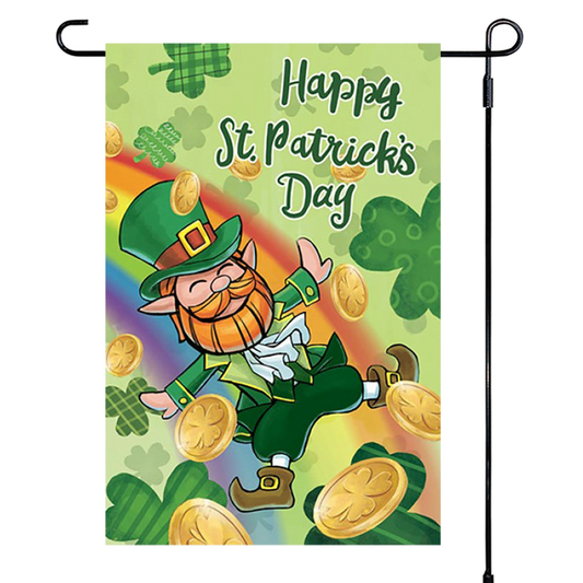 St. Patrick's Day garden flag with a leprechaun, rainbow, and gold coins on a green background.
