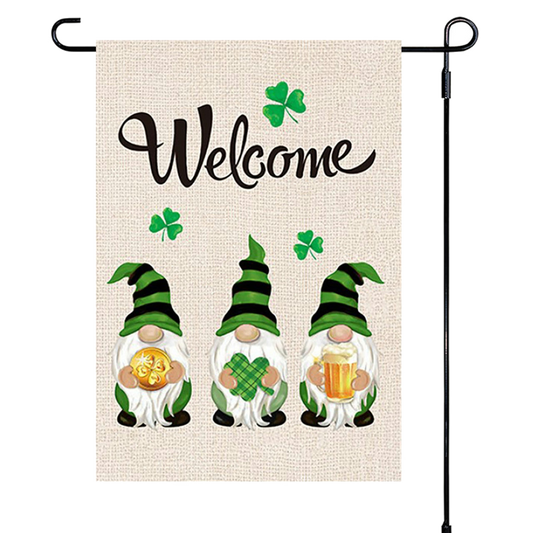 Decorative garden flag with gnomes and 'Welcome' text on a white background